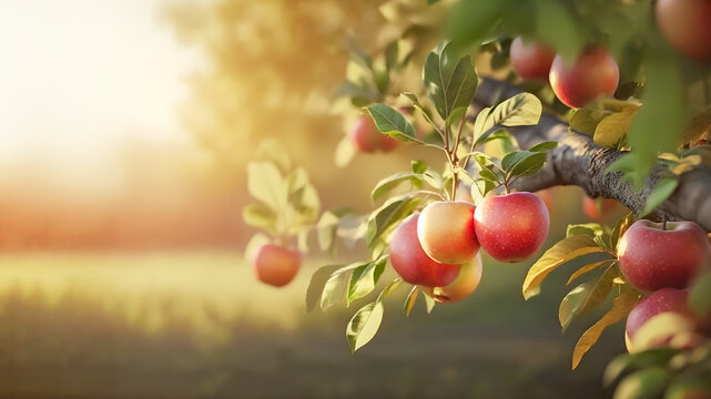 fruit farm with apple trees. branch with natural apples on blurred background of apple orchard in go