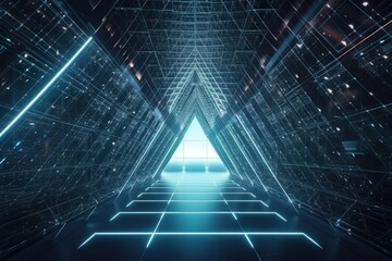 Poster - futuristic room with neon squares and dark atmosphere created with Generative AI technology