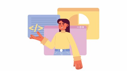 Poster - Animated web development courses. Online programmer 2D cartoon flat character 4K video footage on white with alpha channel transparency. Website developer tools. Concept animation for web design
