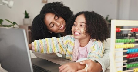 Poster - Laptop, education and mother with kid in home for online learning, educational games and numbers abacus. Family, child development and happy mom and girl on computer for lesson, class and math toys