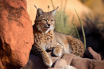 bobcat sunning itself on a warm rock, created with generative ai