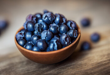 Wall Mural - delicious healthy fresh blueberries lie in a bowl on a wooden table, generative AI