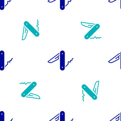 Wall Mural - Blue Swiss army knife icon isolated seamless pattern on white background. Multi-tool, multipurpose penknife. Multifunctional tool. Vector