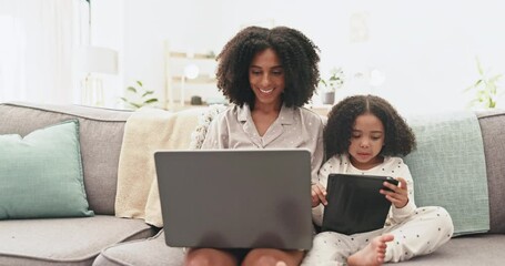 Poster - Laptop, tablet and mom with child on sofa together for remote work, elearning and quality time in living room. Internet, technology and woman with girl on couch to learn, smile and working from home.