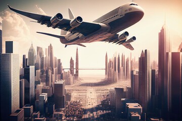 Wall Mural - cargo plane flies over a city, with modern high-rise buildings in the background, created with generative ai