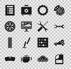 Canvas Print - Set Canister for motor machine oil, Auto service check automotive, Wrench spanner, Car tire wheel, Diagnostics condition of car, Alloy, inspection and Screwdriver and wrench icon. Vector