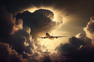 Wall Mural - cargo plane flying through billowing cloud, with sun shining through, created with generative ai