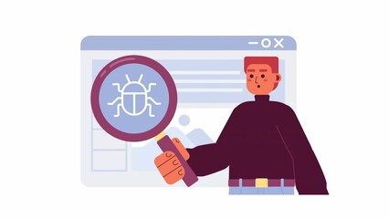 Poster - Animated debugging web application. Software developer testing app. 2D cartoon flat character 4K video footage on white with alpha channel transparency. Concept animation for web design