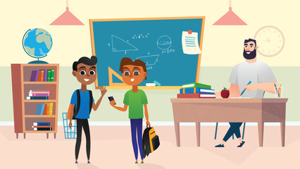 Aufkleber - School concept with people scene in the background cartoon style. Two friends came to the teacher for additional lessons at school. Vector illustration.