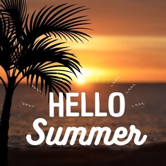 Vector illustration: start of summer season. Defocused sunset photography background and blank vintage lettering
