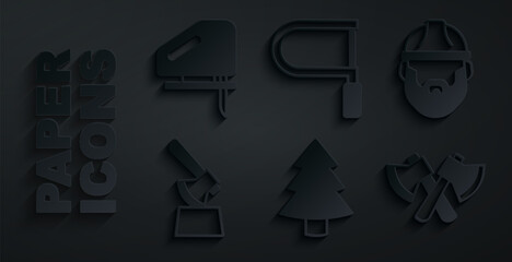 Wall Mural - Set Christmas tree, Lumberjack, Wooden axe in stump, Hacksaw and Electric jigsaw icon. Vector