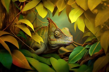 Wall Mural - chameleon hiding among the leaves and branches in the forest, created with generative ai