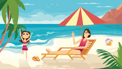 Wall Mural - Beach concept with people scene in the background cartoon style. Mother sunbathes on the beach and watches her daughter play on the beach. Vector illustration.