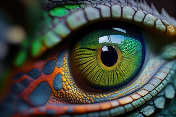 Wall Mural - close-up of chameleon's eye, with its unique and enchanting green hue, created with generative ai