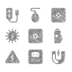 Poster - Set Voltmeter, Electrical outlet, Magnet, Battery charge, High voltage, Solar energy panel, Lamp in electronic circuit and extension icon. Vector