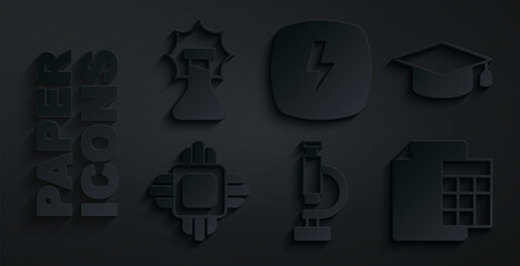 Sticker - Set Microscope, Graduation cap, Processor CPU, Calculator, Lightning bolt and Explosion the flask icon. Vector