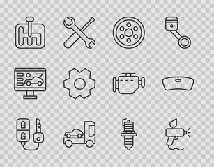 Poster - Set line Car key with remote, Paint spray gun, Alloy wheel, transporter truck, Gear shifter, spark plug and Windshield icon. Vector