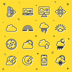 Sticker - Set line Cloud with snow and sun, rain moon, Sunrise, Weather forecast, Rainbow, Meteorology thermometer and icon. Vector