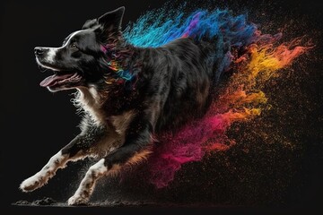 Colorful Powder Covered Border Collie and Running Animals on Dark Rainbow Background