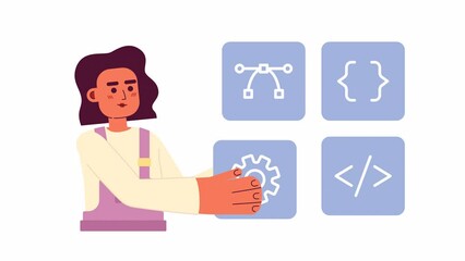Poster - Animated website builder. Female programmer developer. Web construction. 2D cartoon flat character 4K video footage on white with alpha channel transparency. Concept animation for web design