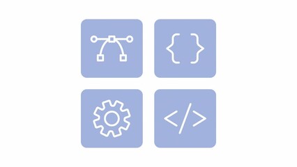 Fototapete - Animated web develop buttons. Website, app building. Flat cartoon style icons 4K video footage for web design. Color isolated elements animation on white background with alpha channel transparency