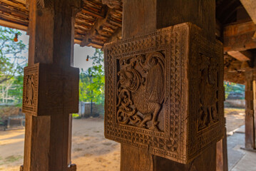 Sticker - Wooden ornaments at the Embekka temple near Kandy, Sri Lanka