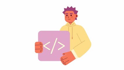 Poster - Animated professional programmer. Coding skills. Software developer job. 2D cartoon flat character 4K video footage on white with alpha channel transparency. Concept animation for web design