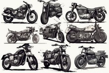 Group Of Vintage Motorcycles Lined Up On A Street Created With Generative AI Technology