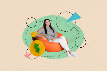 Aufkleber - Creative template graphics collage image of dreamy happy guy sitting beanbag thinking money investment isolated drawing background