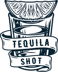 Wall Mural - Tequila shot with lime and salt. Alcohol cocktail with ribbon for bar, pab or restaurant. Tropical tequila. Hand drawn illustration to vector isolated on background