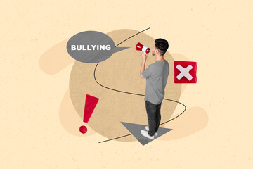 Poster - Creative retro 3d magazine collage image of screaming guy shouting toa bullying messages isolated painting background