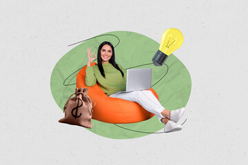 Aufkleber - Photo collage artwork minimal picture of sad confident lady showing okey having startup idea isolated drawing background