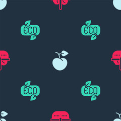 Sticker - Set Basket and food, Peach fruit or nectarine and Leaf Eco symbol on seamless pattern. Vector