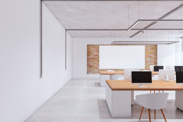Aufkleber - Modern white concrete and brick coworking office interior with empty mock up banner, furniture and equipment. 3D Rendering.