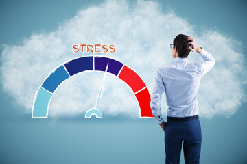 Poster - Back view of young busiessman with rising stress level scale on abstract blue background with cloud. How to reduce stress levels concept.