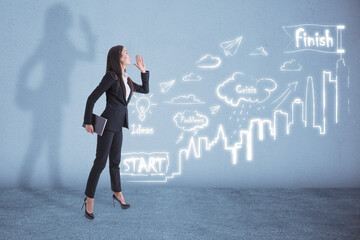 Wall Mural - Attractive young european woman looking into the distance and standing on concrete wall background with creative business sketch. Success, marketing, future and idea concept.