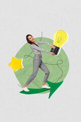 Poster - Vertical photo collage picture image of cheerful positive girl hold big bulb inspiration creativity isolated on painted background