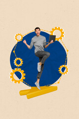 Aufkleber - Magazine sketch photo collage 3d artwork of overjoyed cheerful man use netbook rejoice successful project isolated on painted background