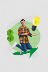 Poster - Vertical creative collage image artwork sketch of happy excited man hand showing direction brilliant idea isolated on painted background