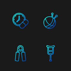 Poster - Set line Crutch or crutches, Sport expander, Medicine pill tablet and Yarn ball with knitting needles. Gradient color icons. Vector