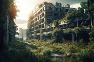 Wall Mural - grand urban building surrounded by lush green trees created with Generative AI technology