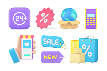 Poster - Internet shopping global delivery service goods choose smartphone application set 3d icon vector