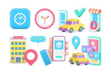 Poster - taxi yellow cab urban carrier travel destination smartphone order application set 3d icon vector