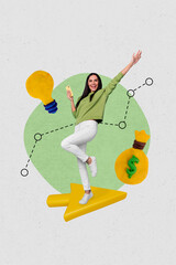 Aufkleber - Collage artwork graphics picture of smiling happy lady earning cryptocurrency modern device isolated painting background