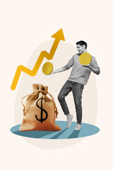 Poster - Vertical abstract collage image of excited mini black white gamma guy arms hold money coins sack bag painted arrow upwards