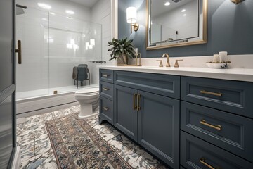 A white bathroom with a blue vanity cabinet, granite countertop, pattern tile flooring, and gold fixtures and mirror. Generative AI