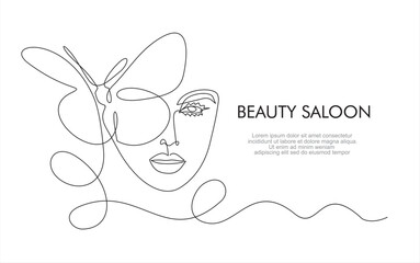 Woman face continuous one line vector drawing. Style templates with abstract female face and butterfly. Beauty saloon.Can used for logo, emblem, slide show and banner. Illustration with quote template