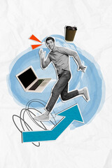 Poster - Creative art collage design young guy multi task worker successfully growth deadline morning coffee netbook isolated on white background