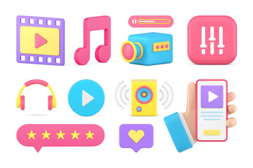 Poster - Multimedia content social media video audio play smartphone application set 3d icon realistic vector