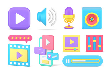 Poster - Multimedia digital content music video broadcast smartphone application set 3d icon realistic vector